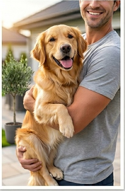 A happy customer holding a golden retriever