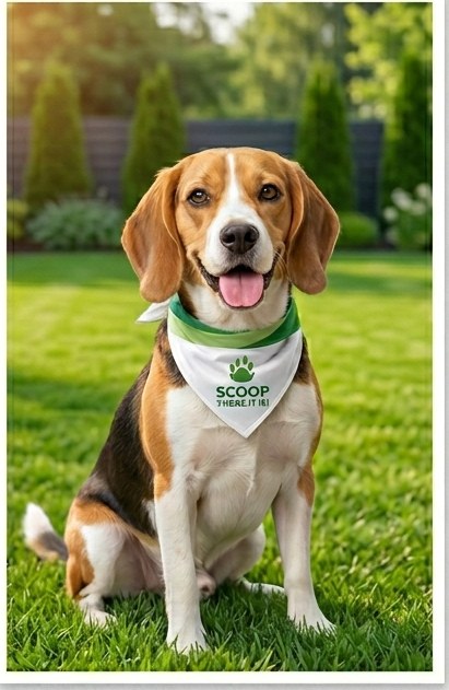 A beagle wearing a Scoop, There It Is bandana sitting on a green lawn